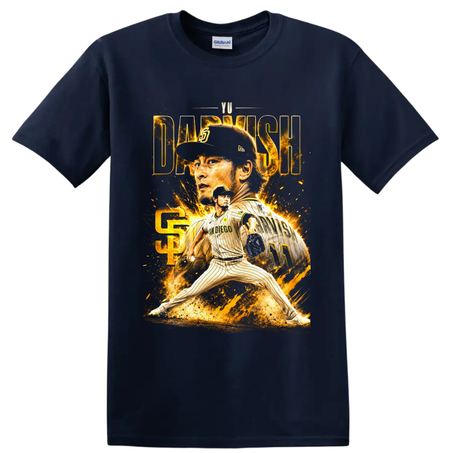 Yu Darvish Padres pitcher collage with gold sparks, action pose, and number 11 jersey on a Navy (Blue) T Shirt