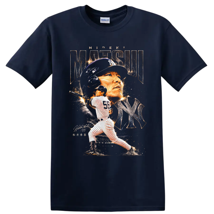 Hideki Matsui Yankees portrait and batting action in distressed baseball poster art on a Navy (Blue) T Shirt