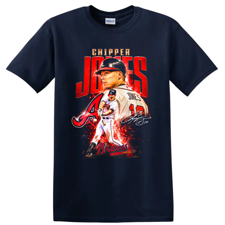 Chipper Jones Atlanta Braves portrait and batting action graphic with number 10 on a Navy (Blue) T Shirt