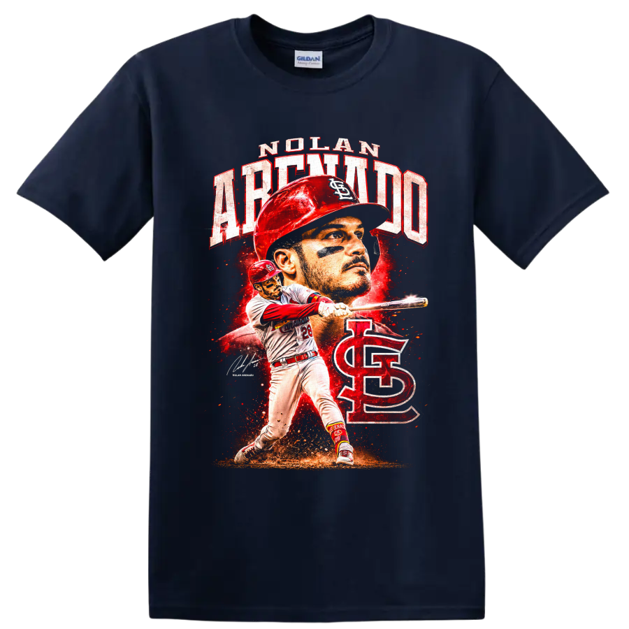 Nolan Arenado Cardinals batting portrait and action graphic with distressed red lettering on a Navy (Blue) T Shirt