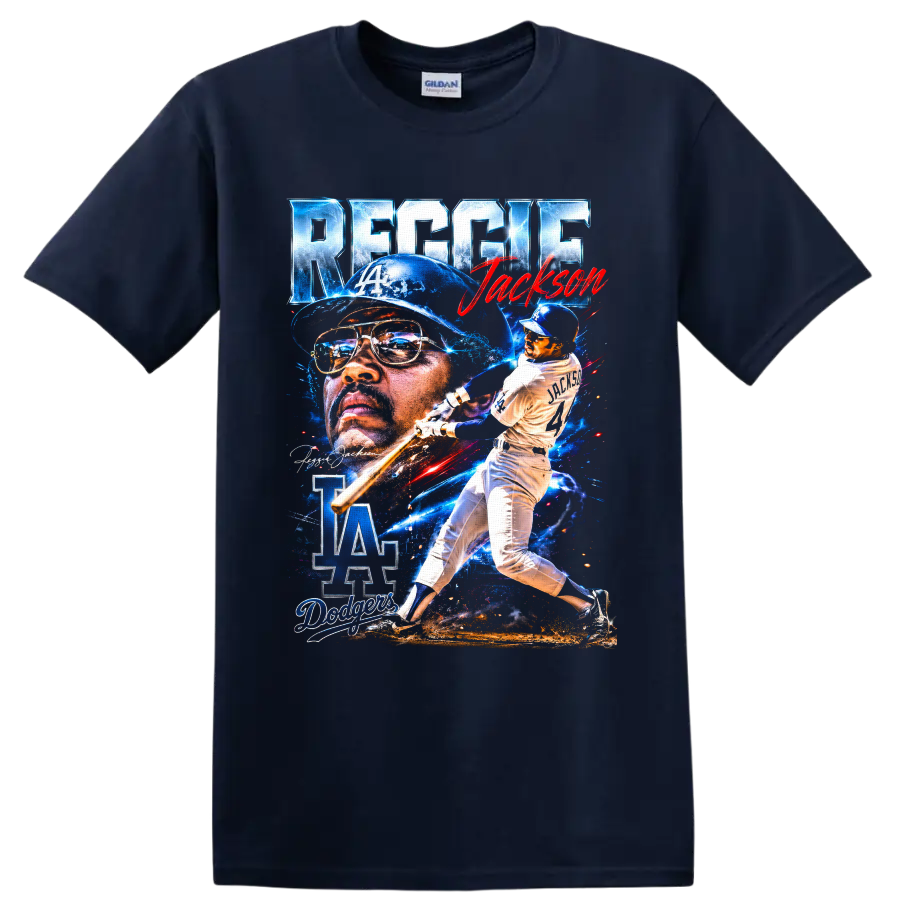 Reggie Jackson Dodgers portrait and batting collage with LA logo and number 14 on a Navy (Blue) T Shirt