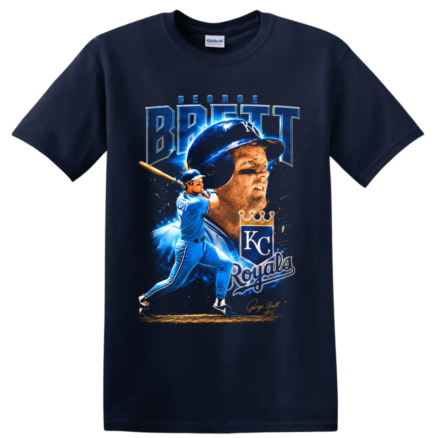 George Brett Kansas City Royals portrait and batting graphic with KC crown on a Navy (Blue) T Shirt