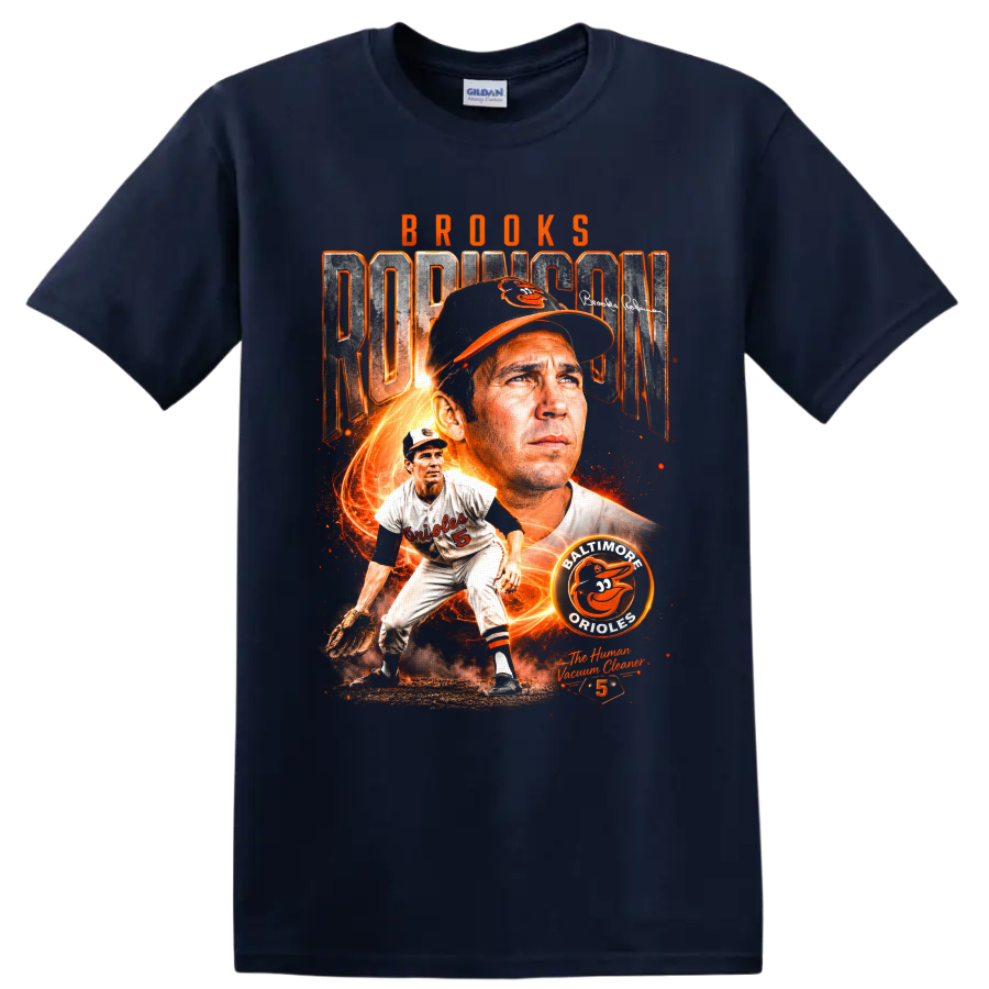 Brooks Robinson Baltimore Orioles vintage baseball collage with number 5 and fiery orange on a Navy (Blue) T Shirt
