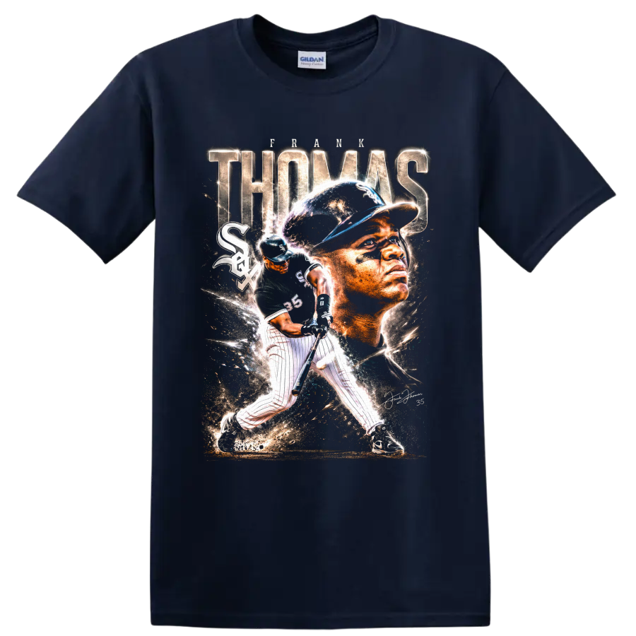 Frank Thomas Chicago White Sox portrait and batting action baseball collage graphic on a Navy (Blue) T Shirt