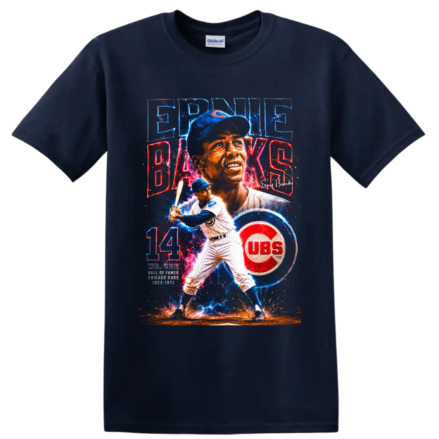Ernie Banks Chicago Cubs Mr. Cub portrait and batting graphic with number 14 on a Navy (Blue) T Shirt