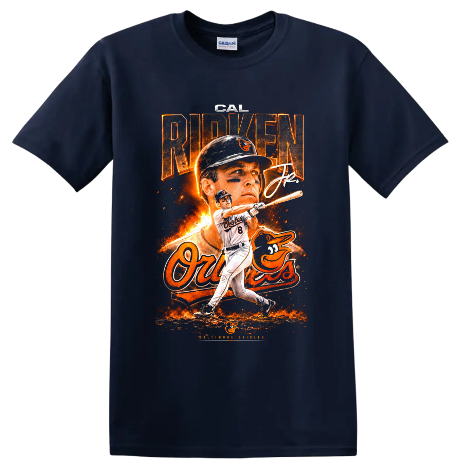 Cal Ripken Jr. Baltimore Orioles fiery vintage-style batting and portrait graphic on a Navy (Blue) T Shirt