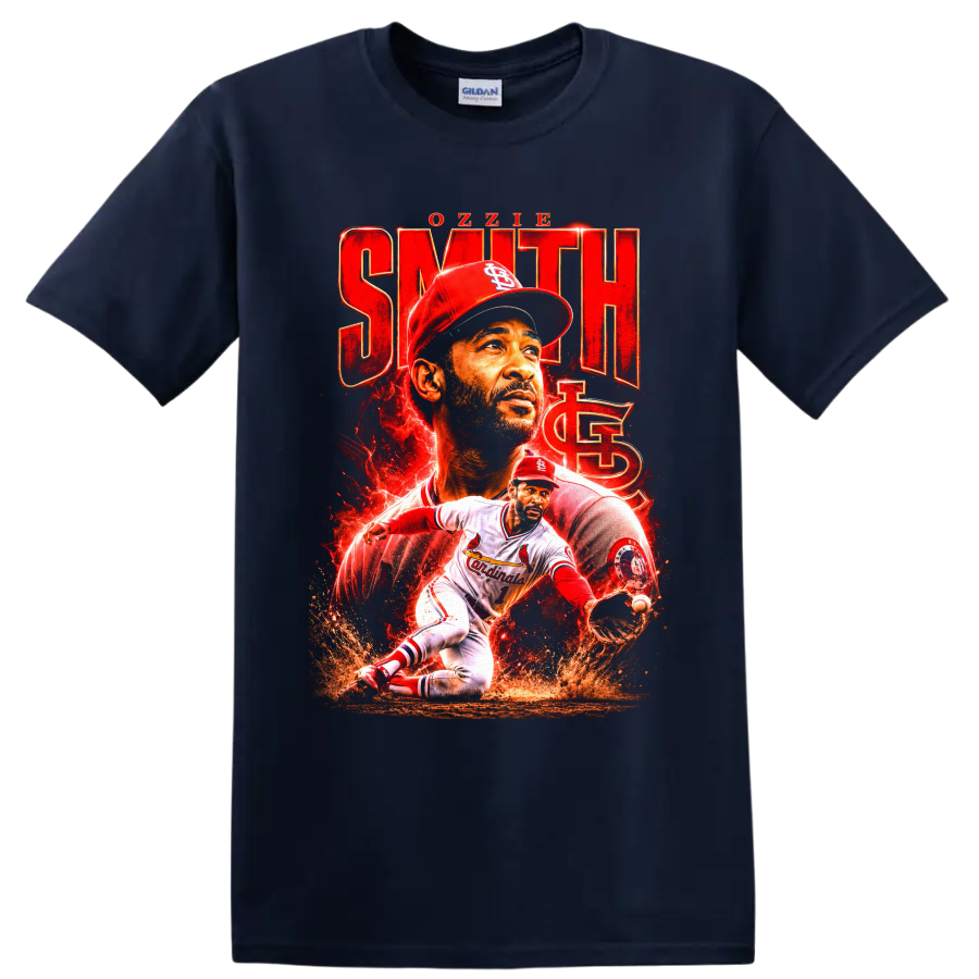 Ozzie Smith St. Louis Cardinals portrait and fielding baseball tribute graphic on a Navy (Blue) T Shirt