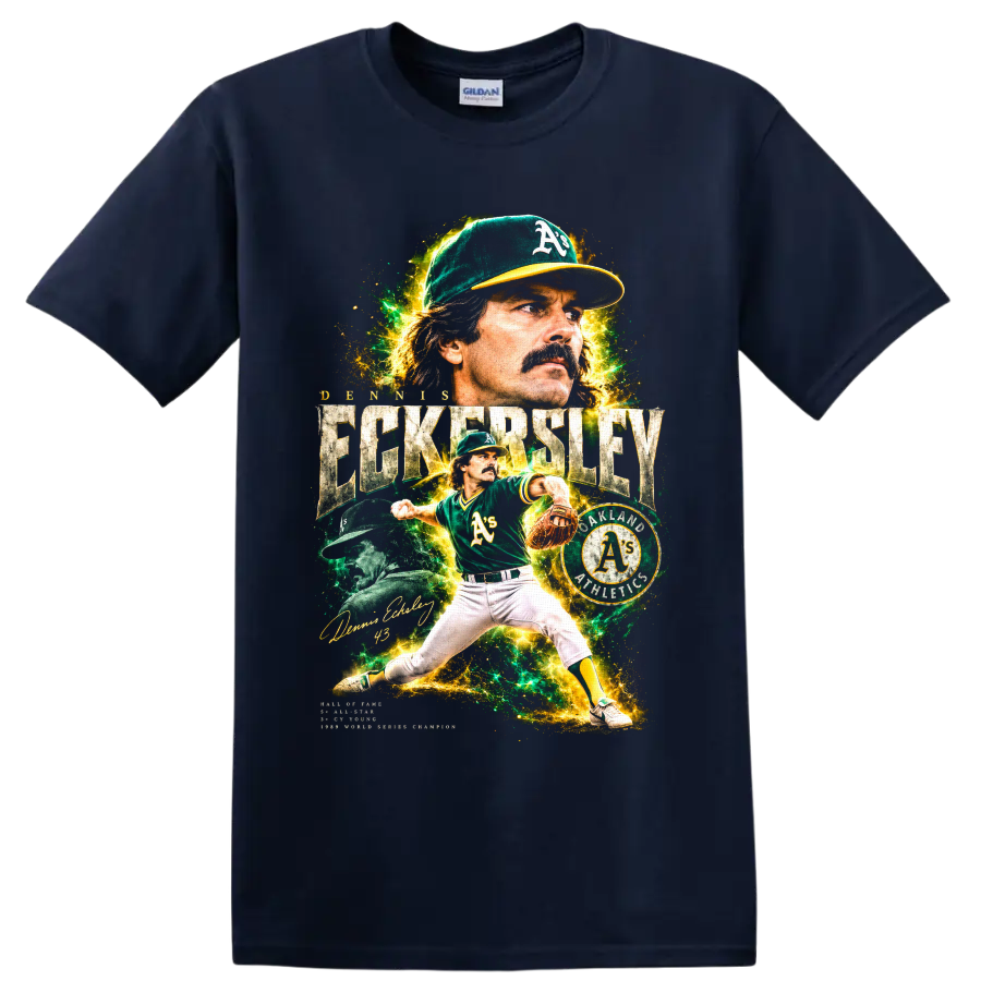 Dennis Eckersley Oakland Athletics pitcher collage with vintage baseball lettering on a Navy (Blue) T Shirt