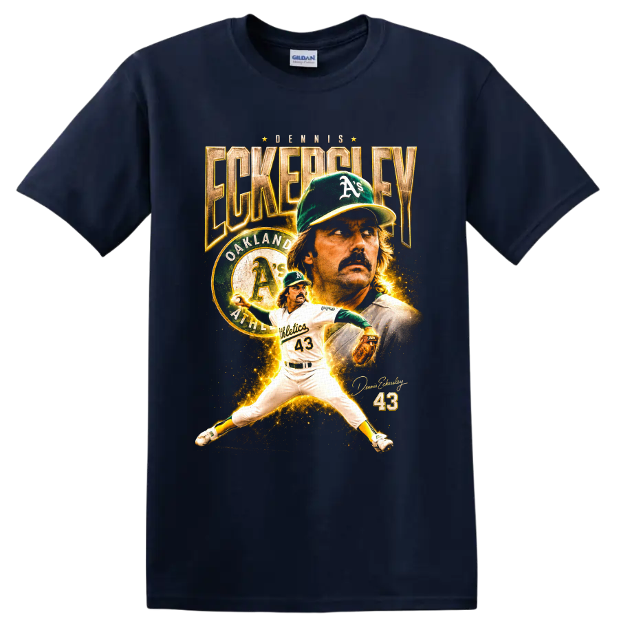 Dennis Eckersley Oakland Athletics number 43 pitcher collage with vintage gold text on a Navy (Blue) T Shirt