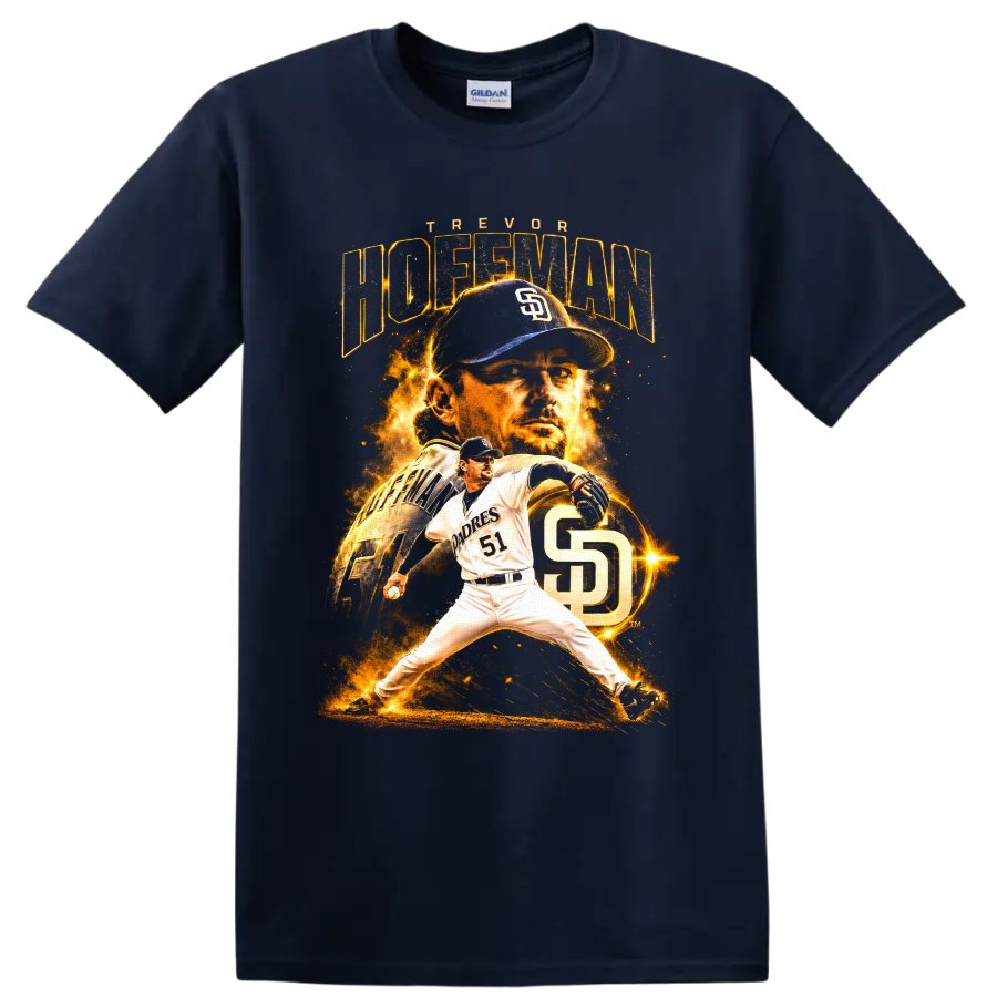 Trevor Hoffman Padres number 51 pitching graphic with fiery portrait and SD monogram on a Navy (Blue) T Shirt