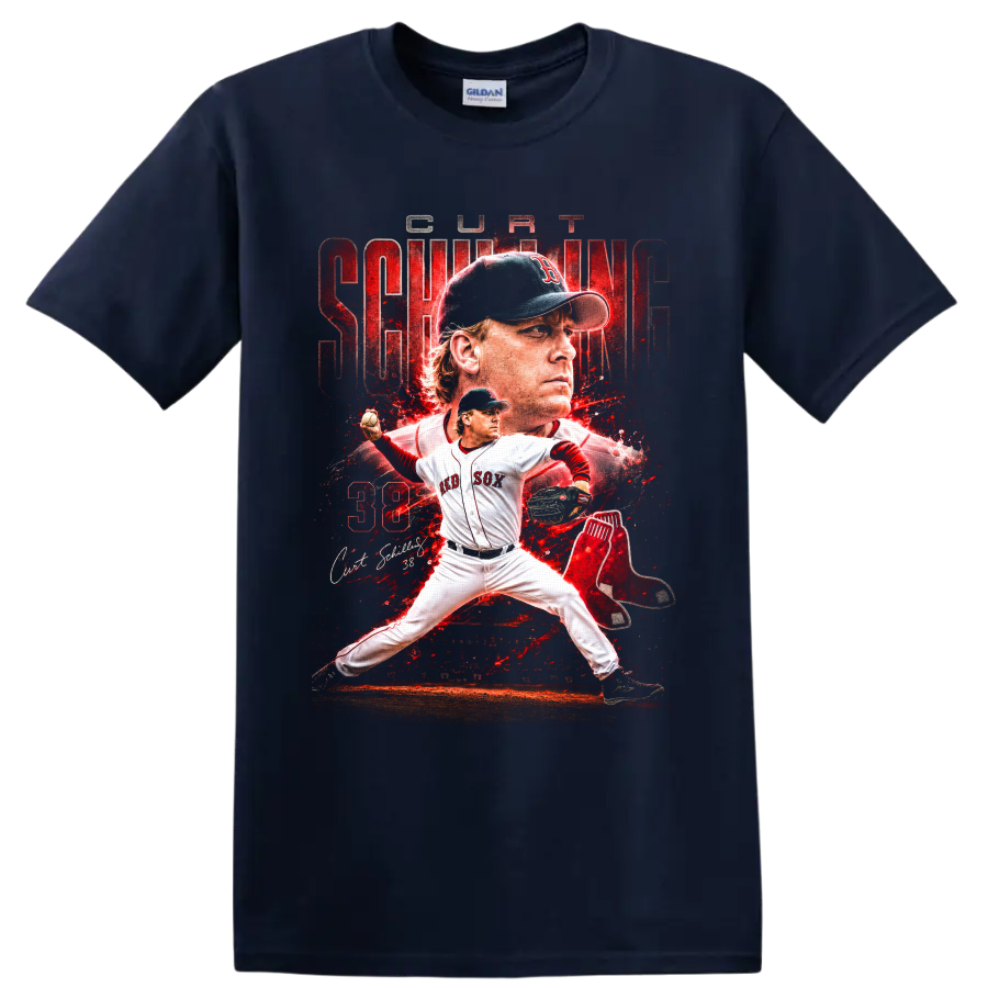 Curt Schilling Red Sox pitcher collage with number 38 and distressed red sports art on a Navy (Blue) T Shirt