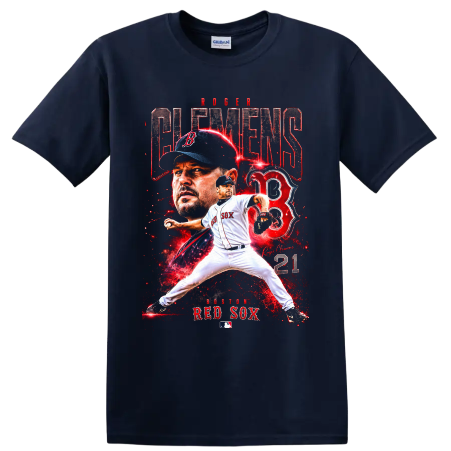 Roger Clemens Boston Red Sox pitcher collage with number 21 and red lightning on a Navy (Blue) T Shirt
