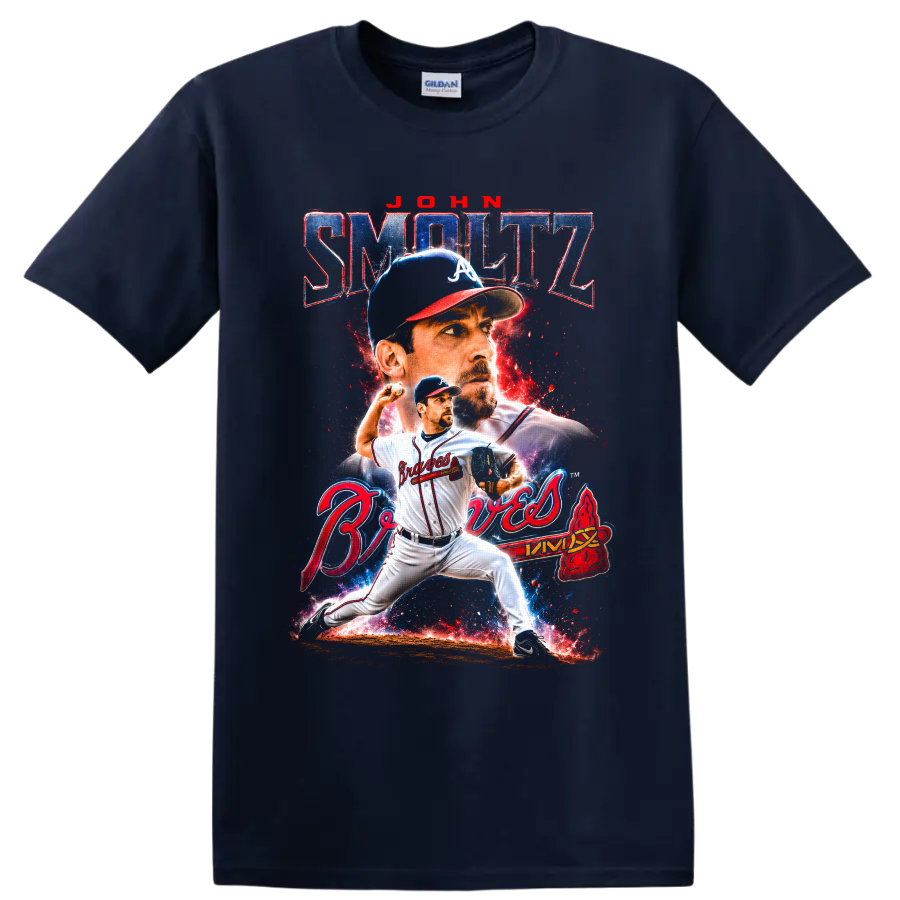 John Smoltz Atlanta Braves pitcher retro cosmic portrait and action graphic on a Navy (Blue) T Shirt