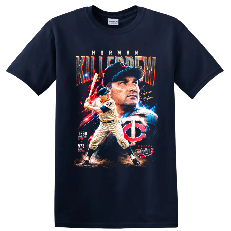 Harmon Killebrew Minnesota Twins vintage baseball collage with 1969 MVP and 573 home runs on a Navy (Blue) T Shirt
