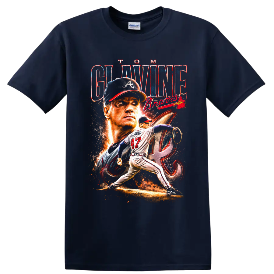 Tom Glavine Atlanta Braves pitcher portrait and number 47 action graphic on a Navy (Blue) T Shirt