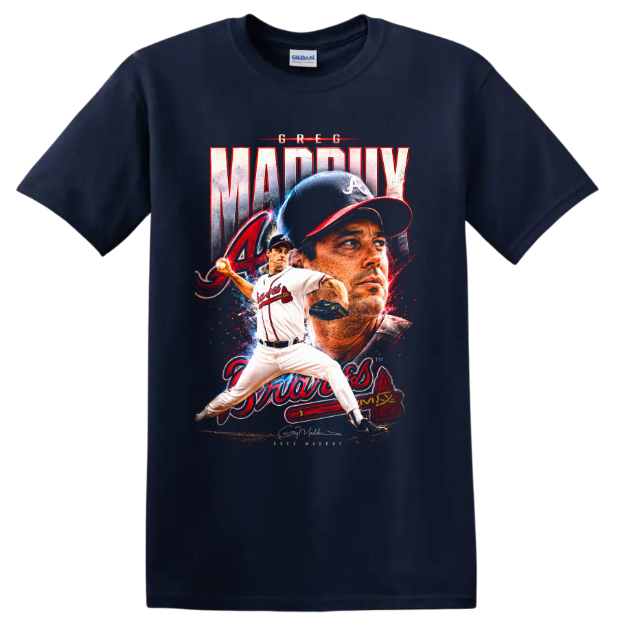 Greg Maddux Atlanta Braves pitcher portrait and pitching graphic with distressed lettering on a Navy (Blue) T Shirt