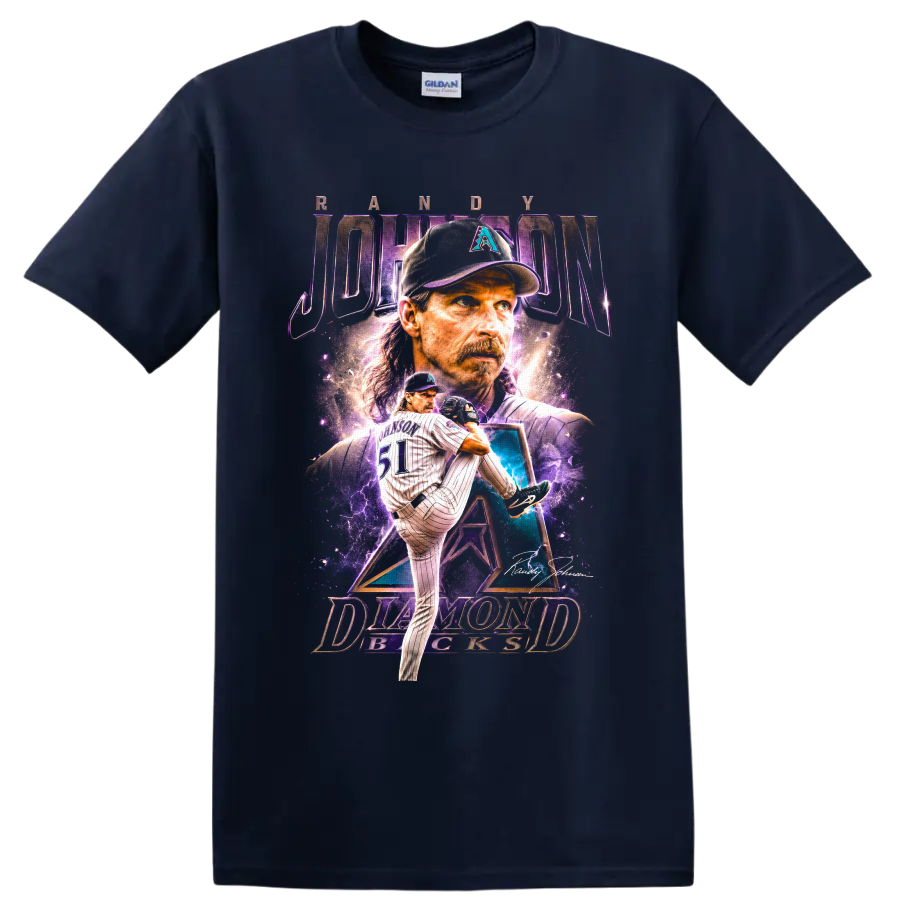 Randy Johnson Arizona Diamondbacks pitcher portrait and number 51 action graphic on a Navy (Blue) T Shirt