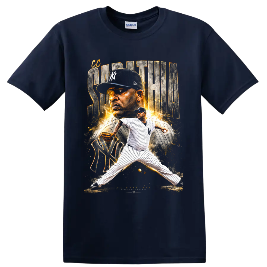 CC Sabathia New York Yankees pitcher graphic with portrait, pinstripes, and gold sparks on a Navy (Blue) T Shirt