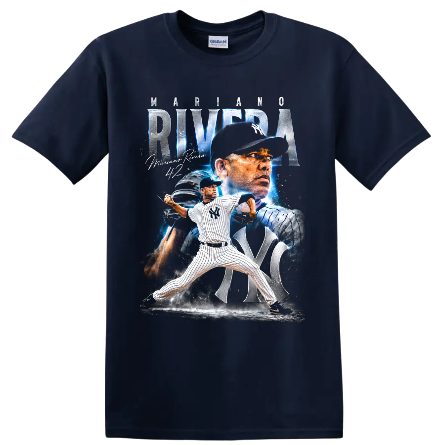 Mariano Rivera New York Yankees pitcher collage with No. 42 and electric blue accents on a Navy (Blue) T Shirt