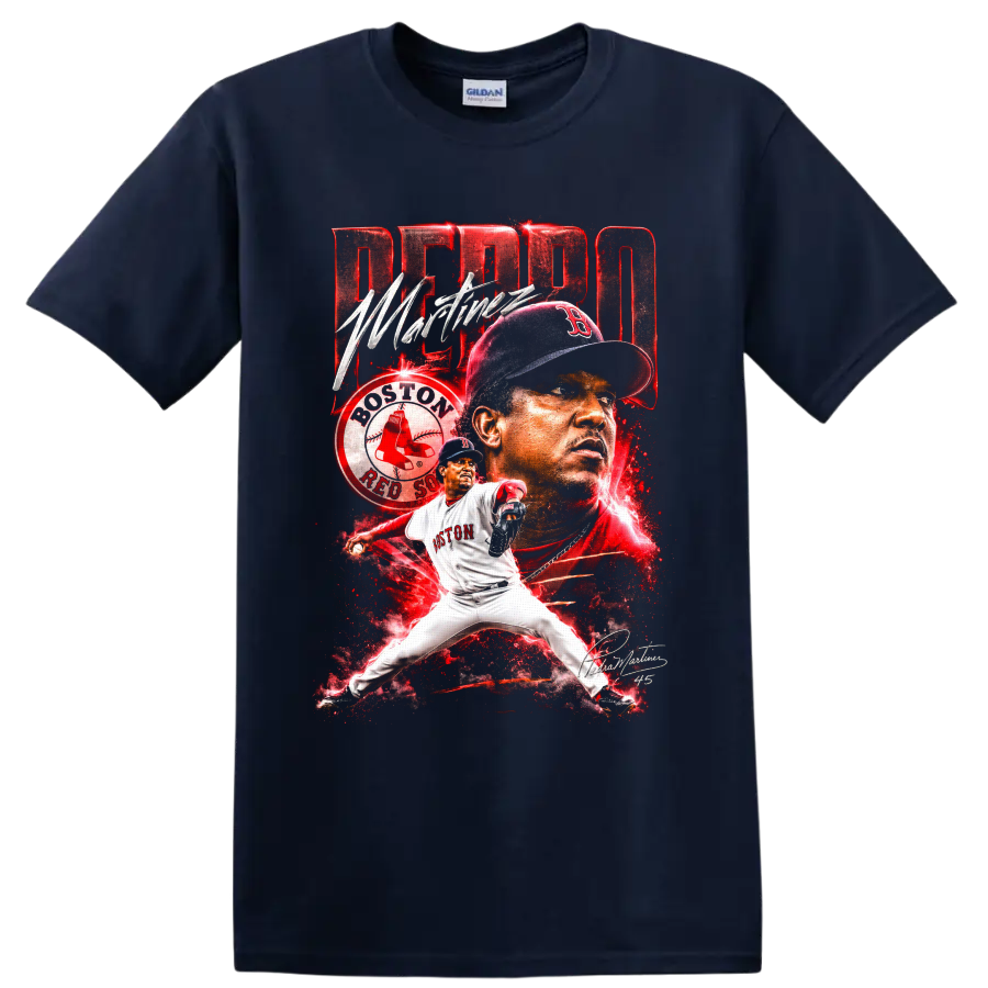 Pedro Martínez Boston Red Sox pitcher portrait and action baseball collage on a Navy (Blue) T Shirt
