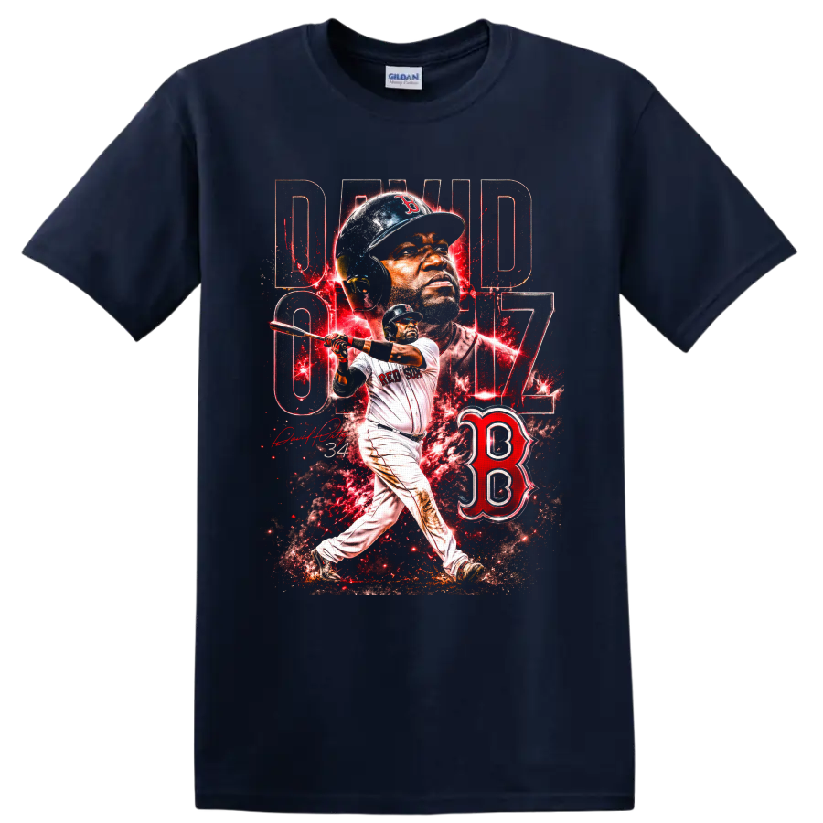 David Ortiz Big Papi 34 Boston Red Sox batting portrait and splatter graphic on a Navy (Blue) T Shirt