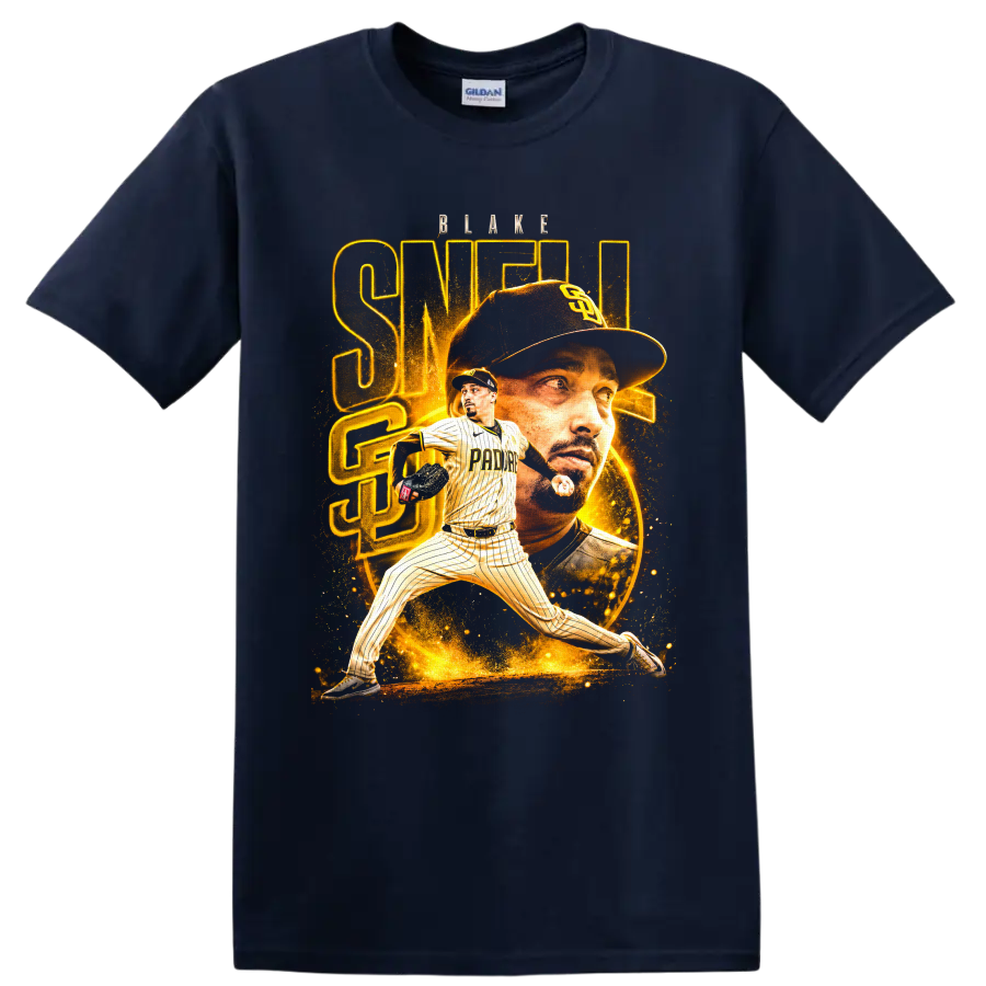 Blake Snell Padres pitcher portrait and action graphic with gold BLAKE SNELL text on a Navy (Blue) T Shirt