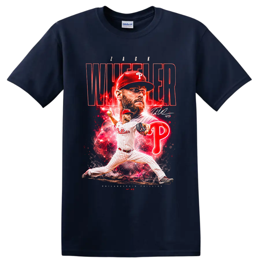 Zack Wheeler Phillies pitching collage with red neon Wheeler lettering and number 45 on a Navy (Blue) T Shirt