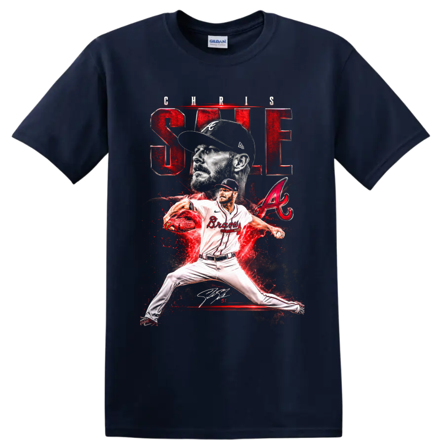 Chris Sale Atlanta Braves pitcher graphic with portrait, pitching pose, and red lightning on a Navy (Blue) T Shirt