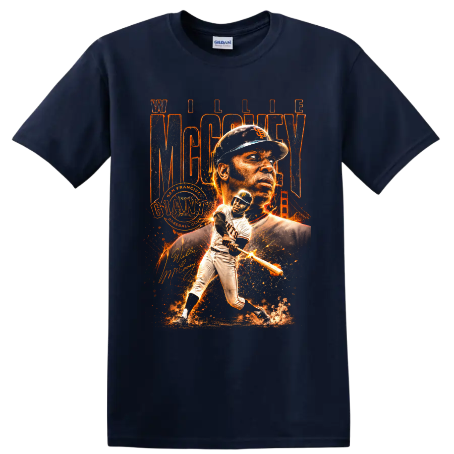 Willie McCovey San Francisco Giants baseball collage with batting action and Golden Gate on a Navy (Blue) T Shirt