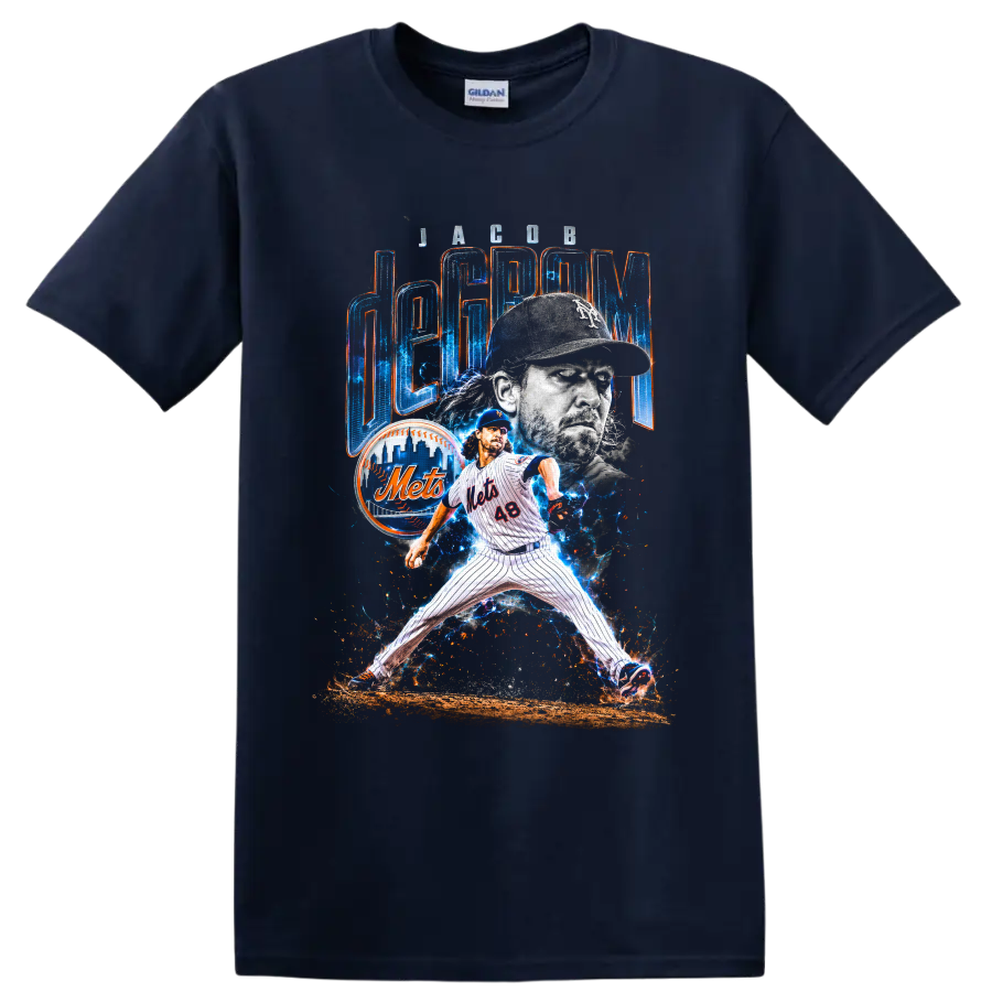 Jacob deGrom Mets pitcher collage with electric blue energy and deGrom lettering on a Navy (Blue) T Shirt