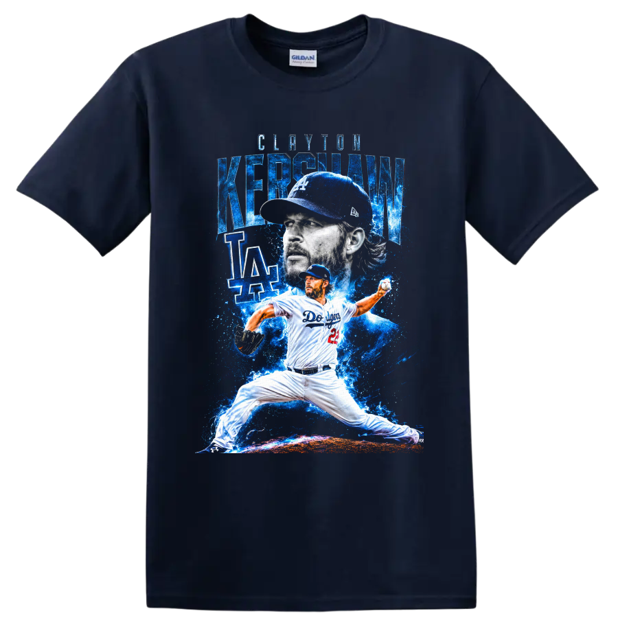 Clayton Kershaw Dodgers pitcher portrait and pitching action in electric blue art on a Navy (Blue) T Shirt
