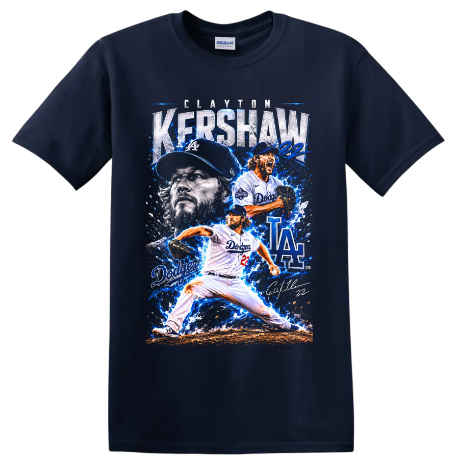 Clayton Kershaw Dodgers pitcher collage with LA graphics, number 22, and blue splashes on a Navy (Blue) T Shirt