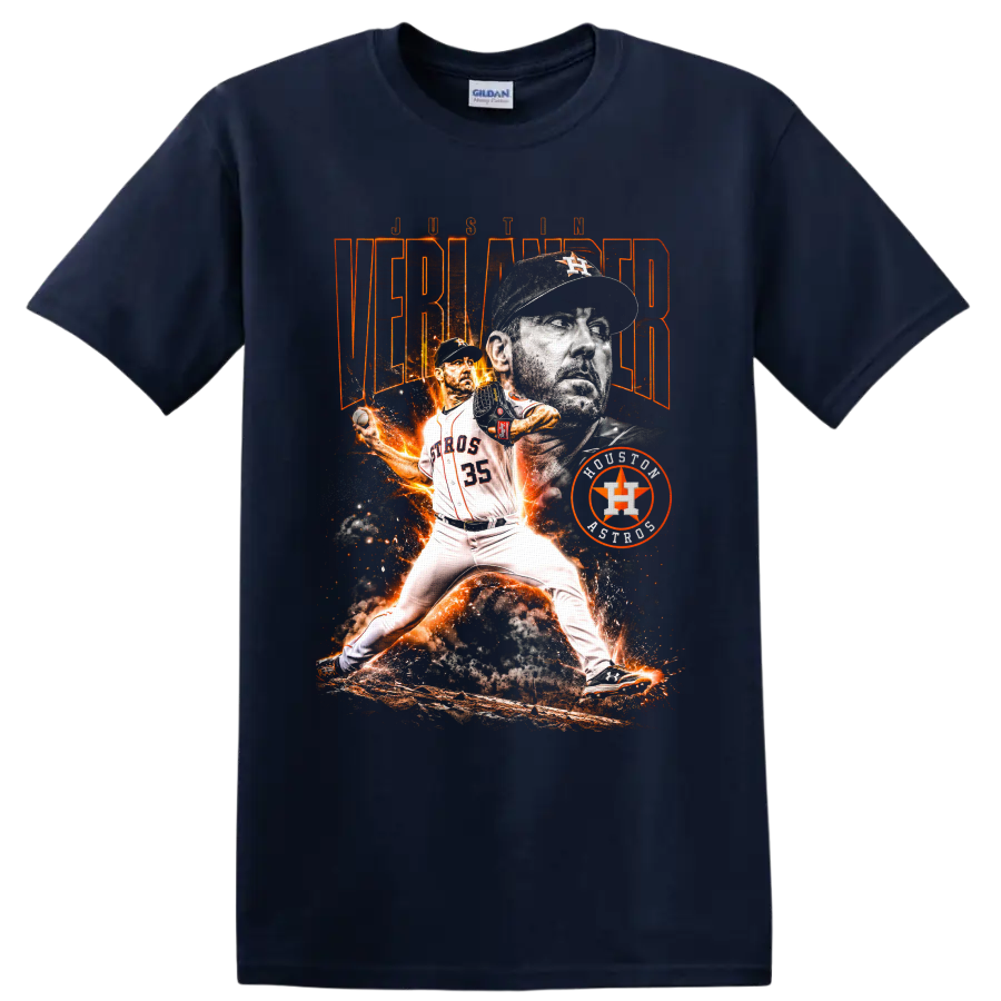 Justin Verlander Houston Astros pitcher collage with fiery action art and number 35 on a Navy (Blue) T Shirt