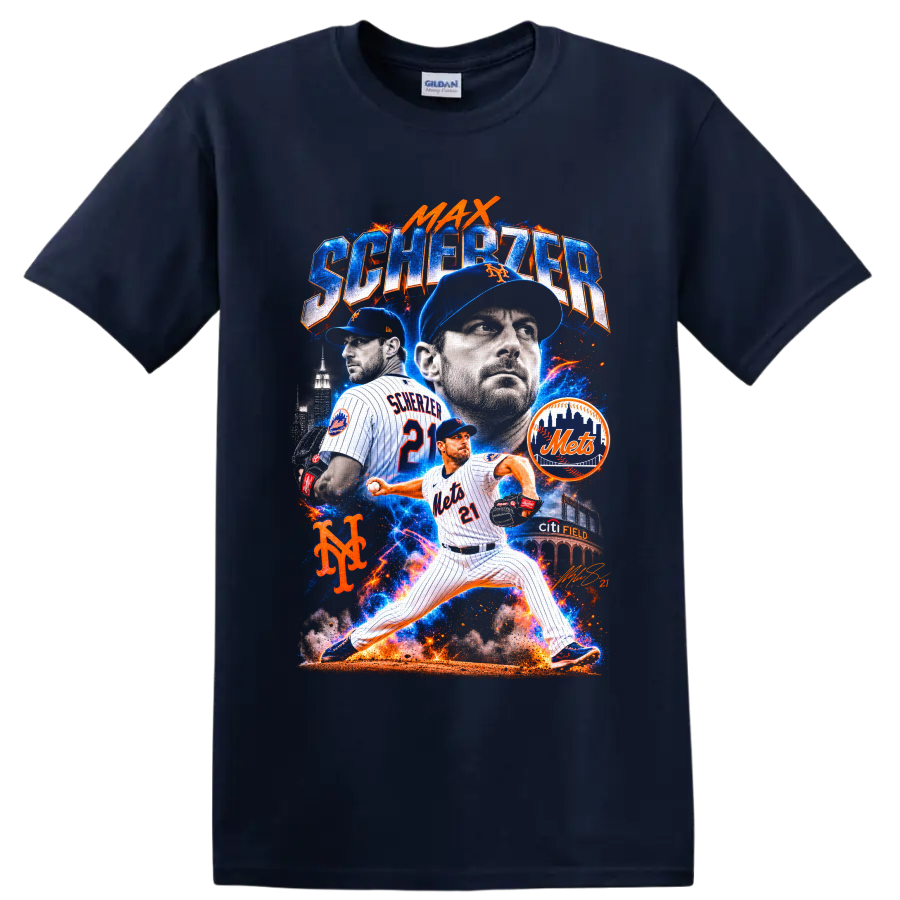 Max Scherzer New York Mets pitcher collage with Citi Field and electric baseball effects on a Navy (Blue) T Shirt