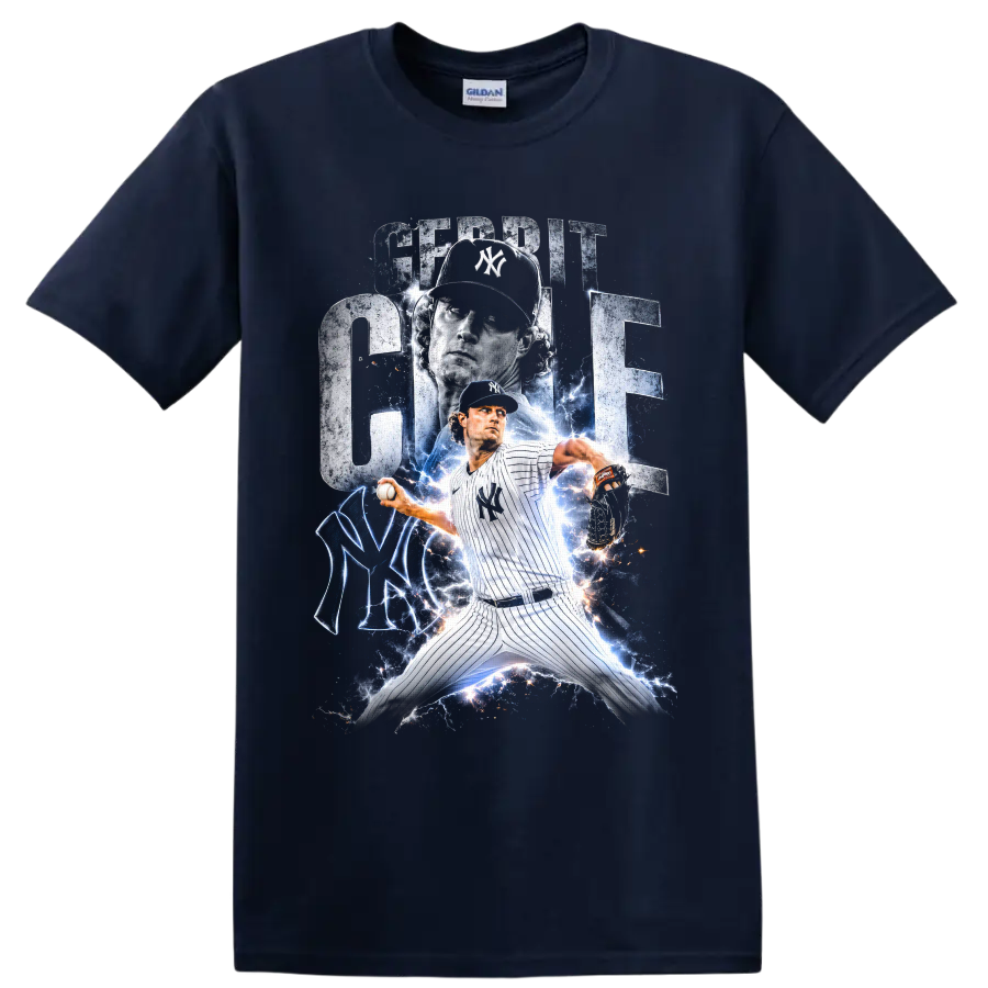 Gerrit Cole New York Yankees pitcher lightning graphic with bold name lettering on a Navy (Blue) T Shirt