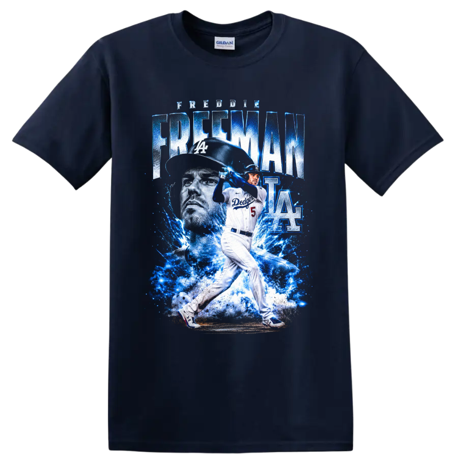 Freddie Freeman Dodgers batting graphic with blue lightning, portrait, and number 5 on a Navy (Blue) T Shirt
