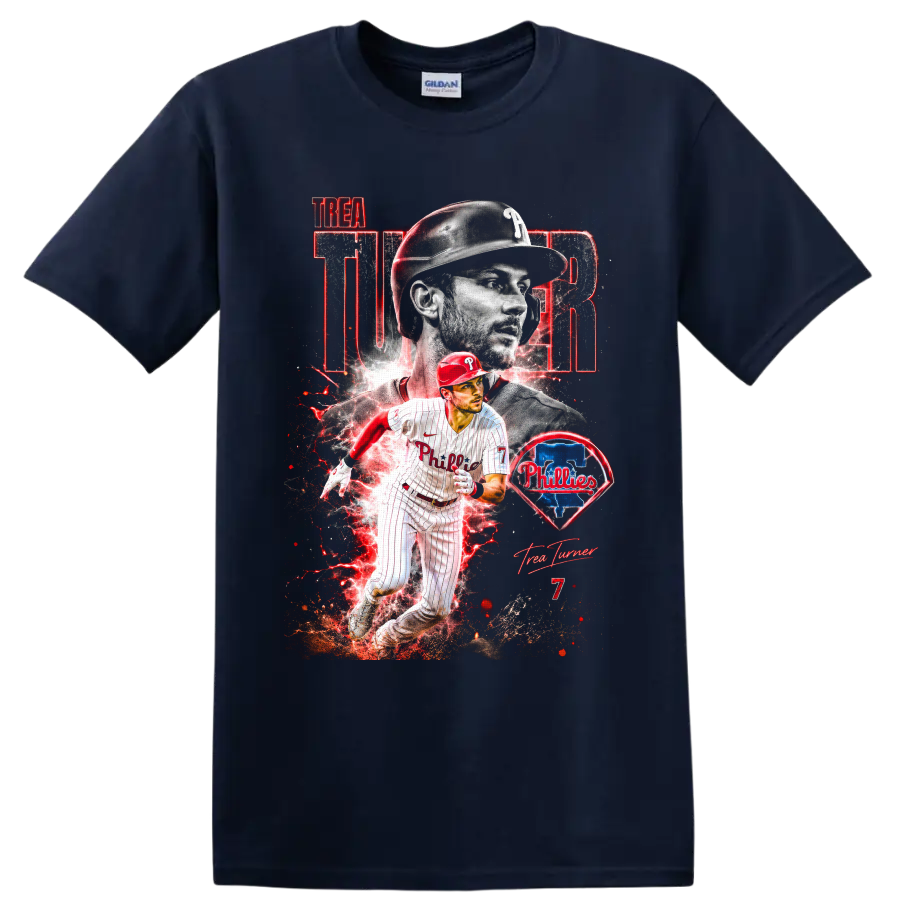 Trea Turner Phillies action collage with red energy effects, team emblem, and number 7 on a Navy (Blue) T Shirt