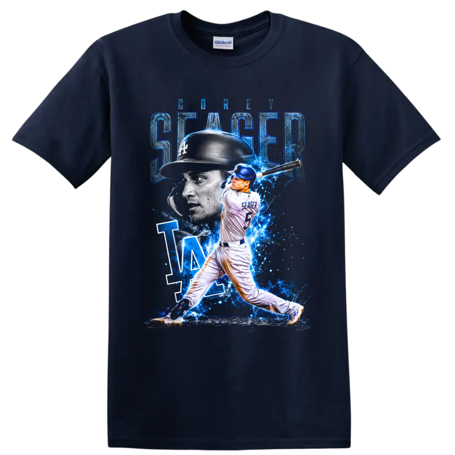 Corey Seager Los Angeles Dodgers batting collage with LA monogram and electric blue on a Navy (Blue) T Shirt