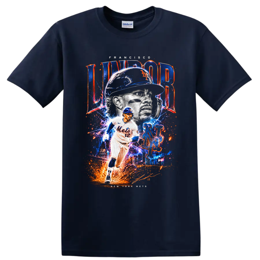 High-energy Francisco Lindor New York Mets portrait and action graphic with number 12 on a Navy (Blue) T Shirt