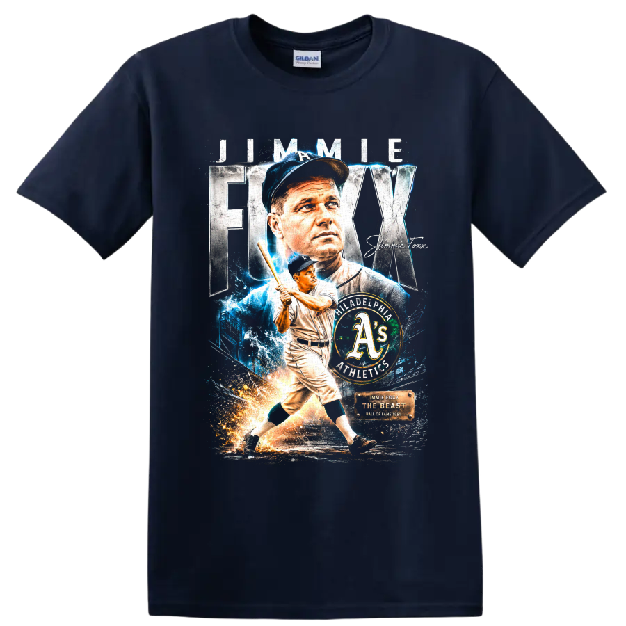 Jimmie Foxx Philadelphia Athletics vintage portrait and batting tribute graphic on a Navy (Blue) T Shirt