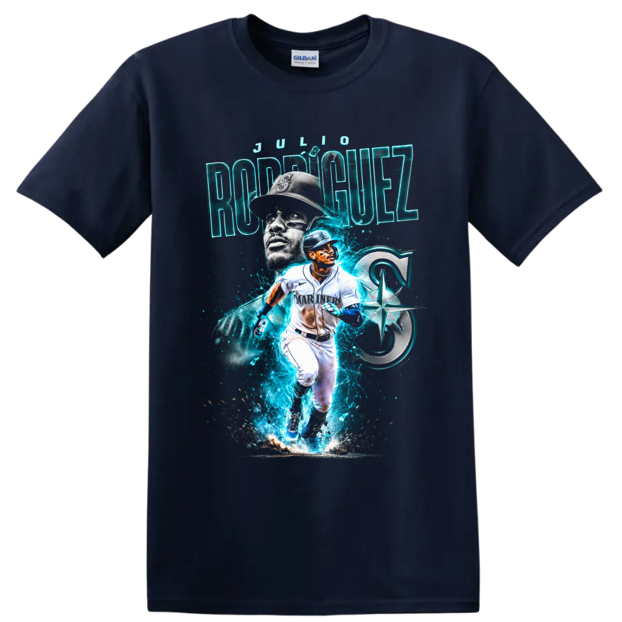 Julio Rodríguez Seattle Mariners neon action baseball portrait graphic on a Navy (Blue) T Shirt