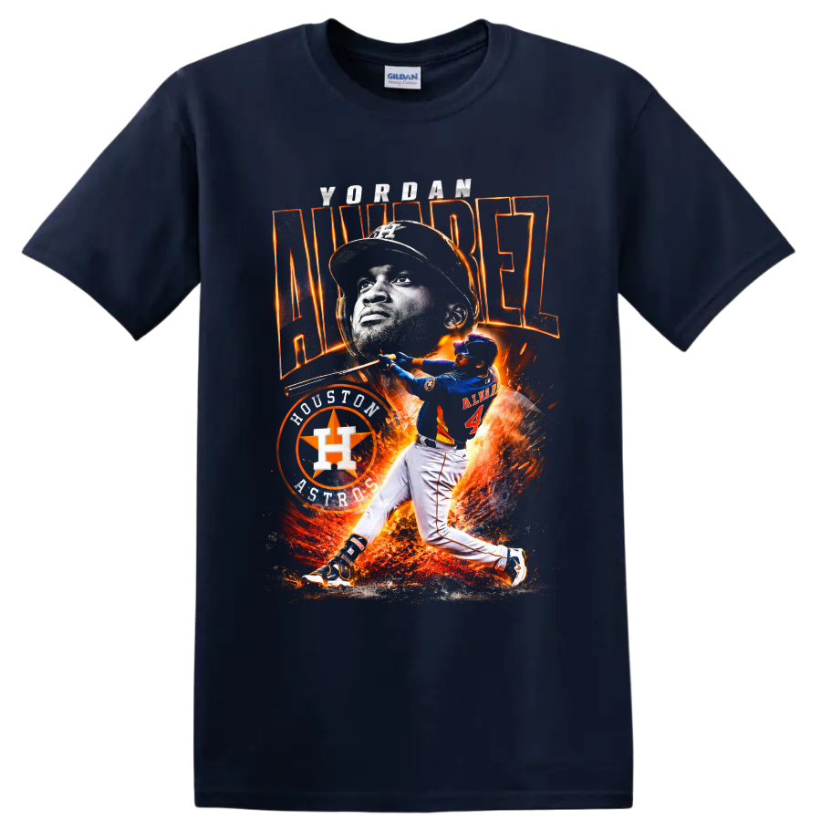 Yordan Alvarez Houston Astros fiery baseball portrait and batting graphic on a Navy (Blue) T Shirt
