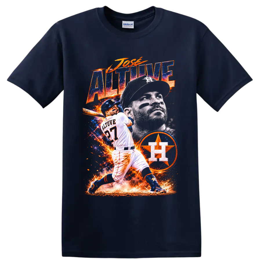 Jose Altuve Houston Astros fiery blue and orange baseball action collage on a Navy (Blue) T Shirt