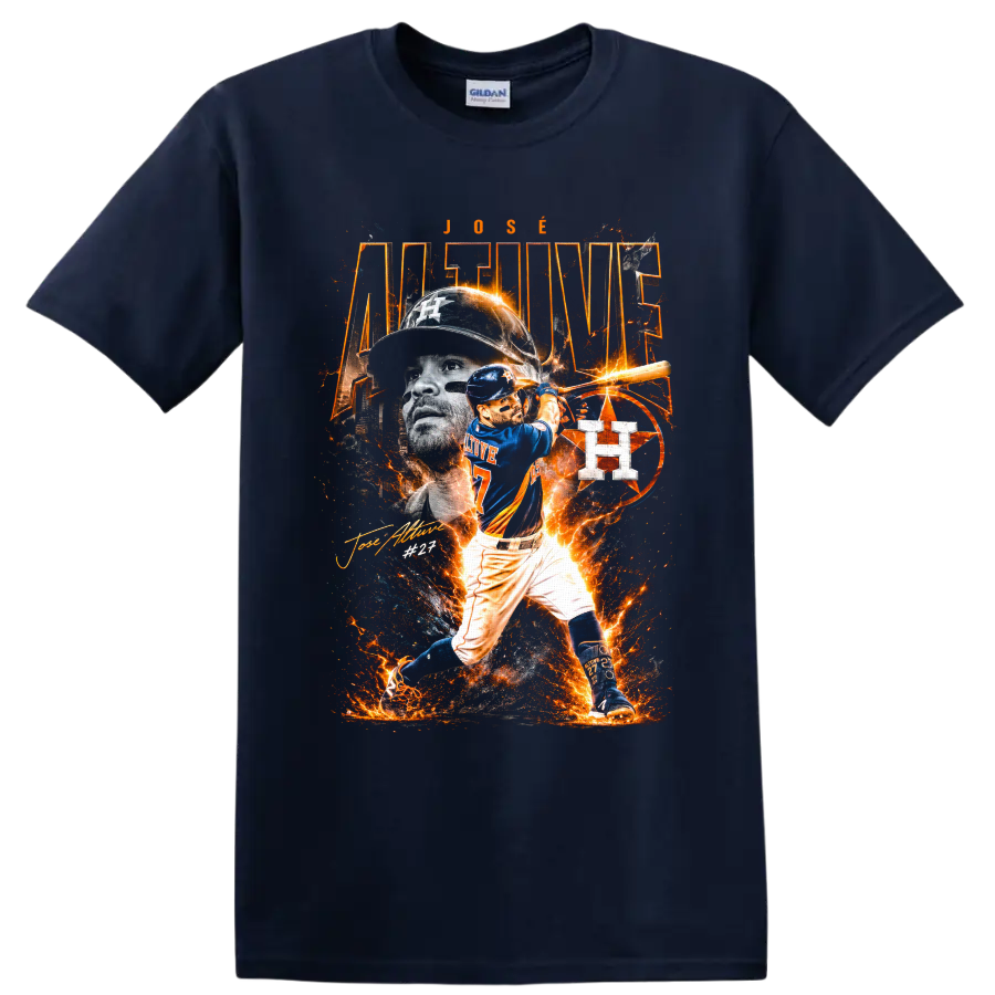 Jose Altuve Houston Astros No. 27 fiery baseball batting collage on a Navy (Blue) T Shirt
