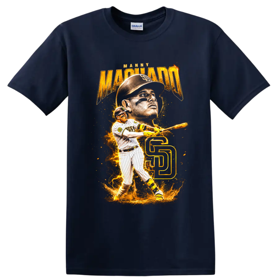 Manny Machado Padres portrait and batting graphic with gold SD monogram on a Navy (Blue) T Shirt