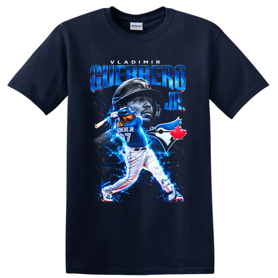 Vladimir Guerrero Jr. Blue Jays batting collage with electric blue effects and team logo on a Navy (Blue) T Shirt