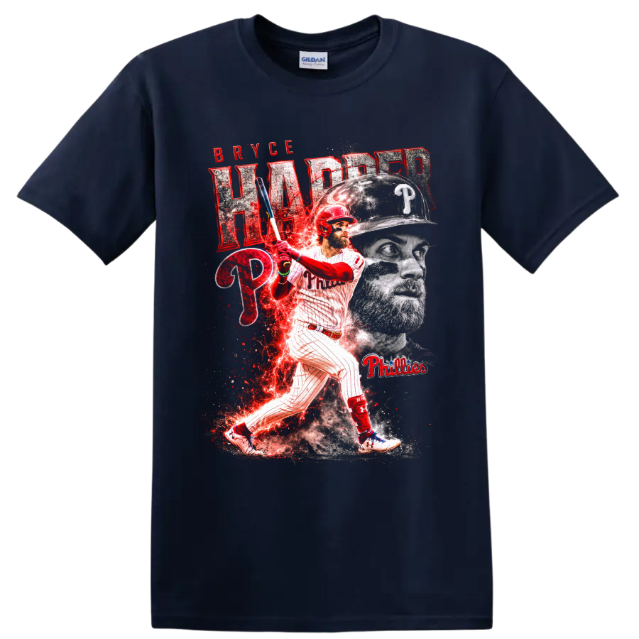 Bryce Harper Phillies batting graphic with portrait, team logos, and red lightning effects on a Navy (Blue) T Shirt