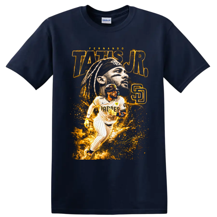 Fernando Tatis Jr. San Diego Padres portrait and action baseball graphic on a Navy (Blue) T Shirt