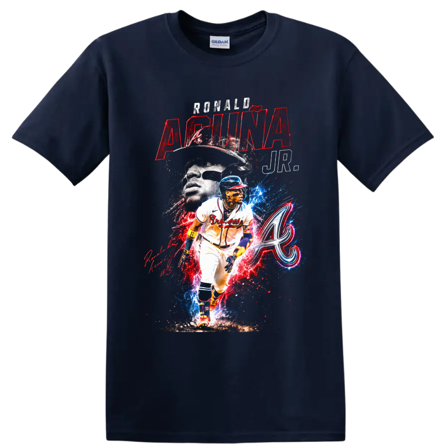 Ronald Acuña Jr. Atlanta Braves action and portrait collage with Braves A emblem on a Navy (Blue) T Shirt