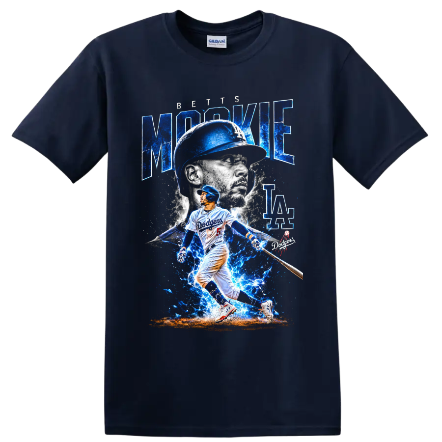 Mookie Betts Dodgers batting graphic with blue lightning, portrait, and LA lettering on a Navy (Blue) T Shirt